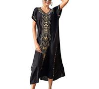 MAFA Donna Vestiti da Spiaggia Copricostumi Boho Caftano di Cotone Tunica Kimono Oversize per Loungewear Vacanze Pigiama Nero Taglia Unica