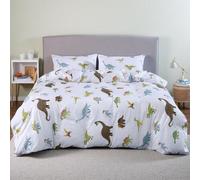 MAG Set copripiumino per letto matrimoniale, Lenzuola Copriletto 3 pezzi, con dinosauro colorato, base bianca, per bambini, ragazzi, ragazze, in microfibra super morbida, misura matrimoniale