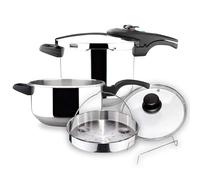 Magefesa ATHENAS - Pentola a pressione super veloce in acciaio inox, adatta per induzione, fondo termodiffusore, confezione con pentola 4L + 6L, cestello e coperchio in vetro