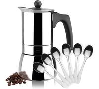 Magefesa Genova - Confezione esclusiva Macchina da caffè italiana argentata + 6 cucchiai Moka, Acciaio inossidabile, Tutti i tipi di fornelli, Induzione
