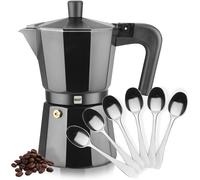 Magefesa Kenya Noir - Caffettiera italiana nera + 6 cucchiai Moka, alluminio smaltato, per tutte le cucine, NON ADATTO ALL'INDUZIONE