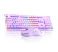 MageGee GK970 - Tastiera da gioco retroilluminata con cavo e mouse, tastiera viola con mouse rosa, DPI regolabile per PC/laptop/MAC