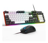 MageGee Tastiera e mouse da gioco, tastiera da ufficio con membrana retroilluminata True RGB, pannello metallico a 104 tasti, tastiera cablata silenziosa USB per PC portatili Windows, bianco/nero