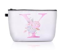 Magibeads Beauty case da donna bianco con motivo a lettere e fiori, borsa da toilette da viaggio organizer carino per pennelli da trucco borsa da uomo, Lettera Y