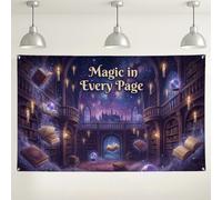 Magic Library - Sfondo fotografico a tema libro incantato, decorazione da parete a tema fantasy viola scuro, per eventi, uso interno ed esterno, 180 x 109 cm