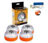 MAGIC SELECT 4x Luce di Emergenza V16, per Segnaletica Stradale di Auto e Moto. Luce Gialla Lampeggiante e Bianca Fissa con Accensione Automatica, Base Magnetica e Batteria Ricaricabile.
