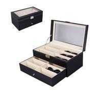 MAGIC SELECT Scatola per Occhiali. Espositore di Occhiali a 12 Scomparti con Coperchio in Vetro Trasparente, Chiusura con Chiave, Cassetto e Morbida Fodera Interna.