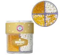 Magic Sprinkles - Mix di granelli commestibili - 90gr - Set 4 decorazioni in zucchero giallo e bianco - perline, stelline, granella, bastoncini - Decori per dolci in zucchero confetti confettini