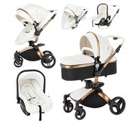 Magic ZC 360° Girevole Pelle PU Passeggino Trio, Passeggino 3 in 1 con Reversibile a Due Vie, Trio Passeggini Neonati con Accessori, Carrozzina per Neonati con Portatile Pieghevole Un Clic (906 White)