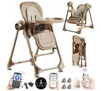 Magic ZC Elettrico Bluetooth Intelligente Pelle PU Seggiolone per Bambini Sedia da Pranzo per Pappa Regolabili Pieghevole Convertibile Multifunzionale con Doppi Vassoi Staccabili e Ruote (E8121 Khaki)