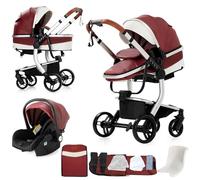 Magic ZC Pelle PU Passeggino Trio, Passeggino 3 in 1 con Doppia Modalità Push Reversibile, Trio Passeggini Neonati con Grande Navicella, Carrozzina Neonati in Alluminio Pieghevole (B518 Red)