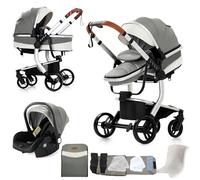 Magic ZC Pelle PU Passeggino Trio, Passeggino 3 in 1 con Doppia Modalità Push Reversibile, Trio Passeggini Neonati con Grande Navicella, Carrozzina Neonati in Alluminio Pieghevole (B518 Grey)