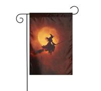 Magica bandiera da giardino con strega di Halloween su un manico di scopa, 30 x 45 cm, verticale su entrambi i lati, decorazione per casa colonica, vacanze, esterni, bandiera da cortile