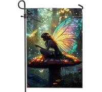 Magica bandiera da giardino delle fate, farfalla iridescente colorata, decorazione per la casa da cortile, bandiera su entrambi i lati, decorazione autunnale per prato all'aperto, stile fantasy