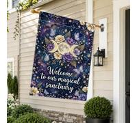 Magica luna celeste floreale benvenuto tripla fantasiosa casa bandiera 71,1 | Stile bohémien, bandiera da prato, motivi floreali, tema celeste, ingresso accogliente, accenti di farfalla
