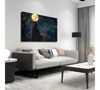 Magica Luna Piena Strega Tela Pittura Stampa Strega Oscura Poster Halloween Wall Art per la Porta di Casa Ufficio Cafe Bar Holiday Decor 65x100cm Innerframe