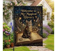 Magical Cat Reading Library Theme Tabby Fanciful Garden Flag 30,5 x 45,7 cm | Illustrazione del gatto soriano, bandiera del cortile, tema mistico del libro degli incantesimi, accenti in filigrana d'oro