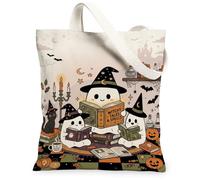 Magical Ghost Reading Quote Ghosts Halloween Canvas Tote Bag 33 x 38 cm | Cappelli da strega, libri degli incantesimi, gatto, zucche, atmosfera autunnale, scena di lettura mistica