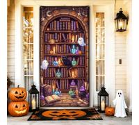Magical Witchy Library - Coperture per porte di Halloween, 91 x 183 cm | Bottiglie di pozioni magiche, banner portico, gatto, candele incandescenti, architettura in pietra ad arco, atmosfera mistica