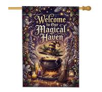 Magical Witchy Winter Welcome Quote Cauldron House Flag 71 x 101 cm | Cappello da strega, bandiera da prato, rami di pino, candele luminose, agrifoglio invernale, decorazione mistica per la casa