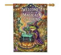 Magical Wizard Anfibio Citazione Fanciful House Bandiera 71 x 101 cm | Fantasiosa scena della foresta, bandiera del prato, calderone mistico, incantevole decorazione per la casa