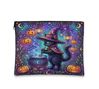 Magical Wizard Cat Halloween Poion Black Makeup Bag, Viola, 7x9 Inch | Fantasioso gatto mago, borsa cosmetica, pozione calderone incandescente, skyline notturno stellato, Jack-o-lanterne autunnali
