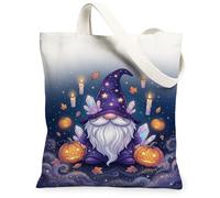 Magical Wizard Gnome Pumpkins Halloween Theme Canvas Tote Bag 33 x 38 cm | Cappello da mago stellato, candele luminose, cristalli mistici, zucche Jack-o'-lantern, foglie autunnali, tema fantasy magico