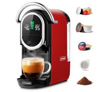 Magician1 Mini Macchina da Caffè Cialde 5in1 per Nespresso Originali, Dolce Gusto, Lavazza A Modo Mio, ESE 44 Cialde e Caffè Macinato, 20 Bar, 1450W, Display LED, Acqua Regolabili 7 Livelli (Rosso)