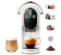 Magician1 Mini Macchina da Caffè Cialde 5in1 per Nespresso Originali, Dolce Gusto, Lavazza A Modo Mio, ESE 44 Cialde e Caffè Macinato, 20 Bar, 1450W, Display LED, Acqua Regolabili 7 Livelli (Bianco)