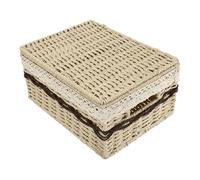 MAGICLULU Cestino Portaoggetti per Articoli da Toeletta Coperchio, Organizer Rettangolare Intrecciato in Fibra Naturale Beige, Porta Cosmetici per Bagno e Camera da Letto, Base Piatta