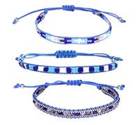 MAGICLULU Set da 3 Braccialetti Intrecciati Fatti a Mano Stile Bohémien, Bracciali da Donna Perline di Riso Blu, Gioielli Artigianali per Compleanni e Festival