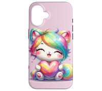 Magico gatto arcobaleno che tiene il cuore Custodia per iPhone 16