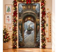 Magico Winter Train Station Scene Steam Christmas Door Covers 91,4 x 182,9 | Paesaggio invernale, striscione per porta d'ingresso, porta architettonica ad arco, atmosfera nostalgica