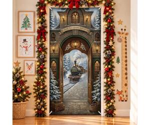 Magico Winter Train Station Scene Steam Christmas Door Covers 91,4 x 182,9 | Paesaggio invernale, striscione per porta d'ingresso, porta architettonica ad arco, atmosfera nostalgica