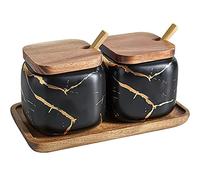 MAGICVOGEL Set di 2 barattoli per spezie in ceramica, effetto marmo, con cucchiaio e coperchio, 360 ml, con vassoio in legno (nero)