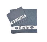 MAGIE DI CASA Asciugamani PERSONALIZZATI CON NOME, Set 2 Pezzi Spugna da Bagno Spugna, Viso + Ospite Cotone 100% Made in Italy (GRIGIO SCURO, FIORE)