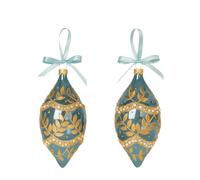Magie di Natale Pallina in vetro blu allungata con decorazioni oro per albero di Natale da Ø 10 cm, confezione da 2 pezzi