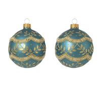 Magie di Natale Pallina in vetro celeste con decorazioni oro per albero di Natale da Ø 10 cm, confezione da 2 pezzi