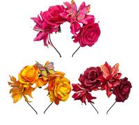 MAGLADY 3 pz fascia floreale messicana giorno dei morti costume corona fascia rosa floreale copricapo diadema del dio de los muertos festa di Halloween matrimonio copricapo per ragazze donne