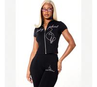 Maglia a maniche corte con collo alto e chiusura lampo, con stampa grafica di testo e logo gatto L,M,S,XL,XS,XXL,XXS,XXXL,XXXXLLettereTessuto in maglia