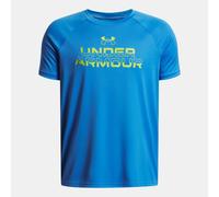 Maglia a maniche corte Under Armour Tech™ Split Wordmark da ragazzo Blu Atlantis / Verde Vibe YSM (127 - 137 cm)