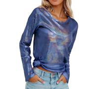 Maglia a maniche lunghe casual lucida con lucentezza metallica, vestibilità comoda, comoda da indossare tutti i giorni., Blu, L