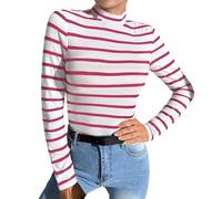 Maglia a maniche lunghe da donna a righe con collo alto, slim fit, maglietta a maniche lunghe, da donna, a righe, con motivo a righe, Colore: rosso, L