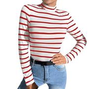 Maglia a maniche lunghe da donna a righe con collo alto, slim fit, maglietta a maniche lunghe, da donna, a righe, con motivo a righe, rosso anguria, L