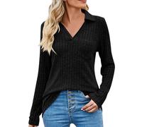 Maglia a maniche lunghe da donna, casual, scollo a V, top largo, maniche lunghe, maglioni, magliette top blu, Nero , XXL