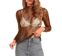 Maglia a maniche lunghe da donna, colletto alto, ricamo floreale, maglietta trasparente a maniche corte, marrone, L