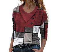 Maglia a maniche lunghe da donna con collo a croce con scollo a V, geometria con bottoni, maglione casual, comoda, camicetta di colore neon, Vino, S