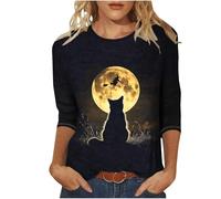 Maglia a maniche lunghe da donna con motivo gatto - top con luna piena e strega | maglietta di Halloween da donna