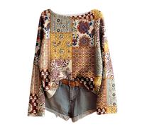 Maglia a maniche lunghe da donna con motivo patchwork - Maglia leggera in stile bohémien | Maglietta colorata con stampe floreali e ornamentali, Stil_n01 Giallo, L