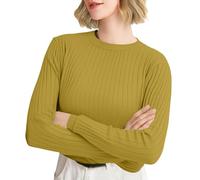 Maglia a maniche lunghe da donna, elegante, scollo rotondo, maglione invernale per il tempo libero, casual, a maniche lunghe, giallo., M